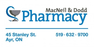 We would like to recognize MacNeil & Dodd Pharmacy. Owned by Patrick MacNeil, MacNeil & Dodd Pharmacy has been serving Ayr and the surrounding community since it opened in 1995. We are excited to be representing this local business next season. Thank you for your support and welcome to the team!
